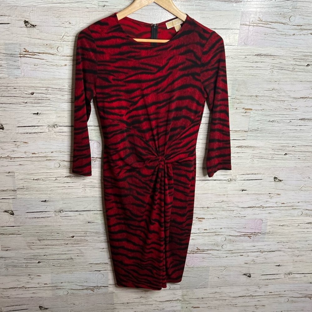 Michael Kors red black dress midi long sleeve tiger print